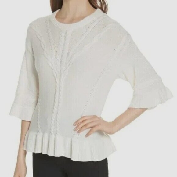 KATE SPADE NY Ivory Wool Cashmere Blend Cable Knit Bell Sleeve Sweater - Picture 1 of 8